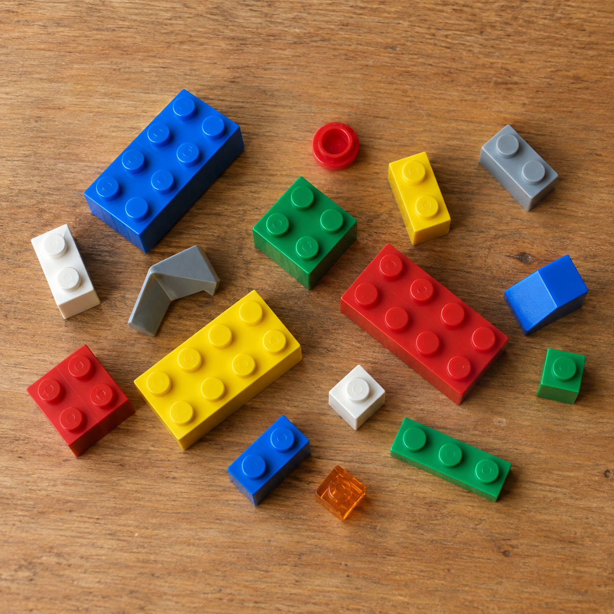 Colorful loose toy bricks on a wooden table